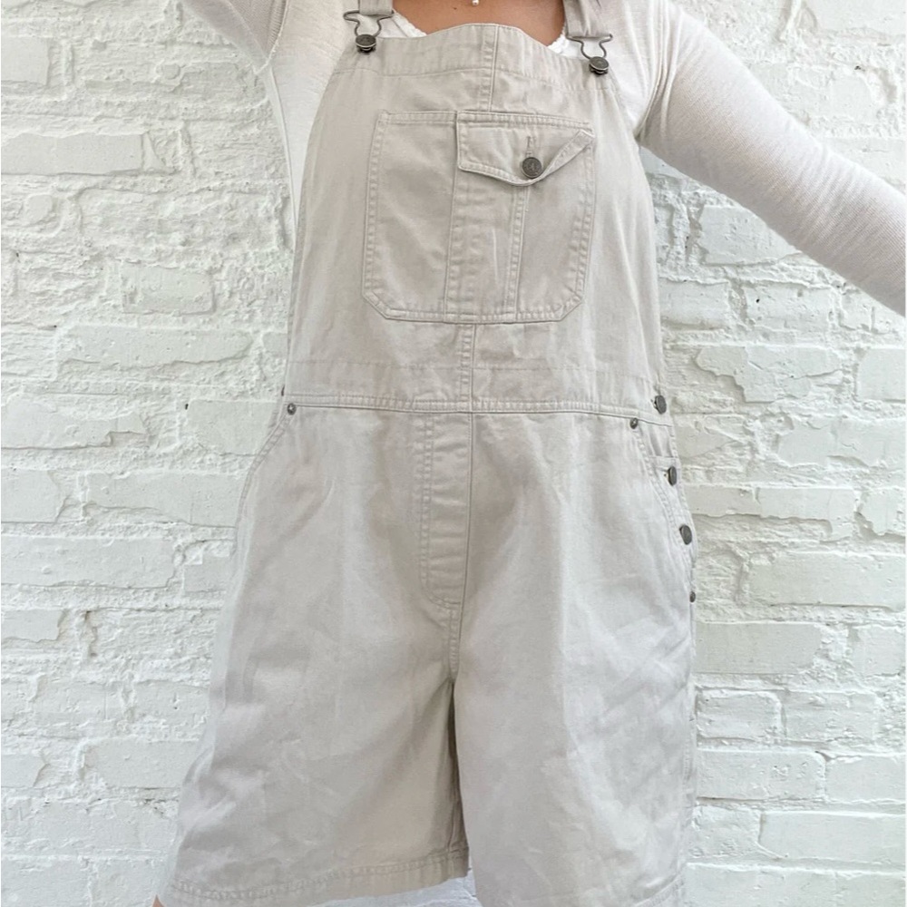Cherokee Light Tan Beige Cream Short Overalls Denim Large Vintage Retro